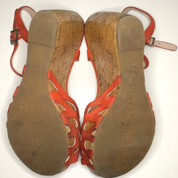 Vintage BCBGeneration Cutout Orange Suede Cork Wedge Sandals - Picture 4 of 5